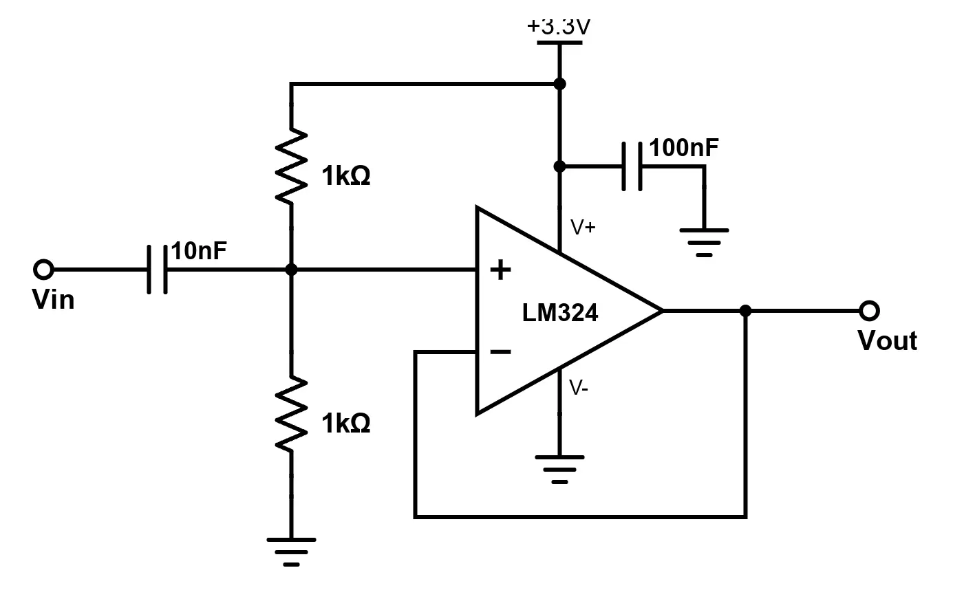 LM324 ac-coupled op-amp buffer common mode voltage mistake