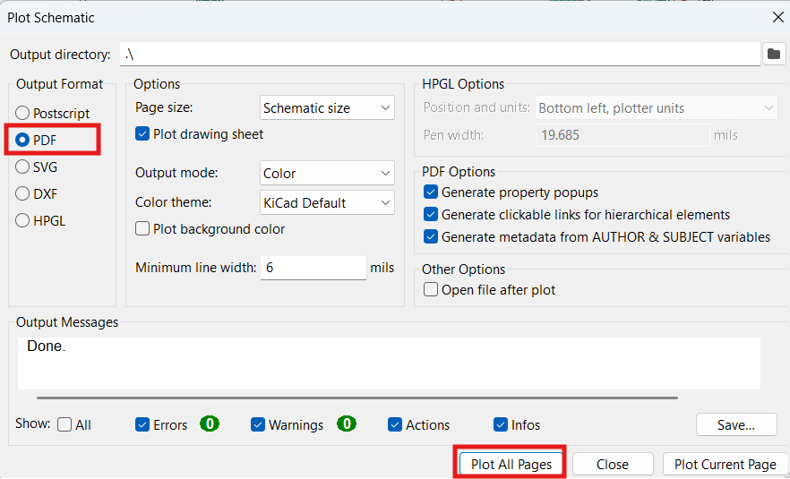 KiCad schematics PDF export