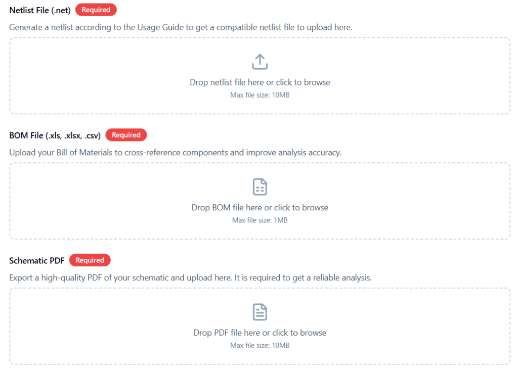 Upload netlist bom and pdf of electrical schematics