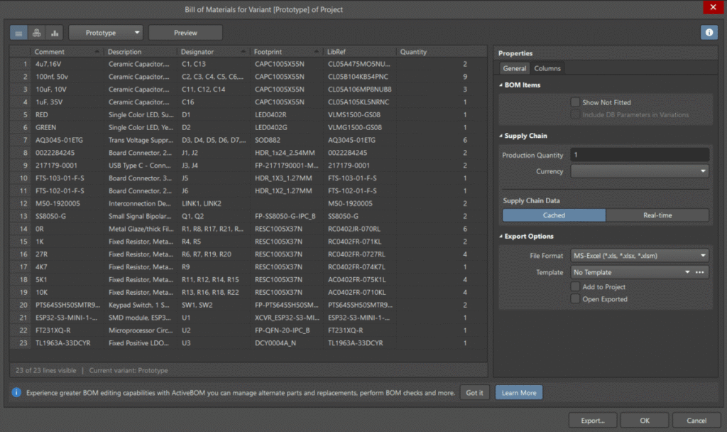 Export BOM with Altium Designer