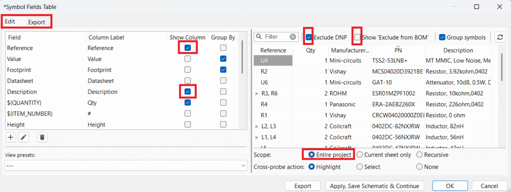 Kicad export excel BOM