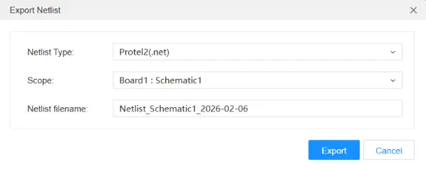 EasyEDA export netlist menu