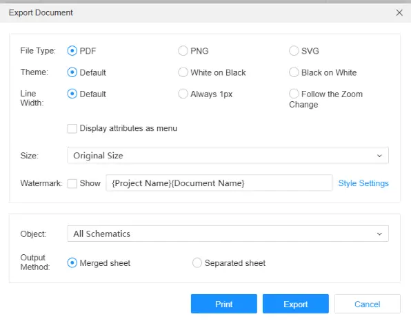 EasyEDA export PDF menu