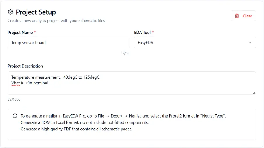BV Circuits Project Setup Menu for EasyEDA