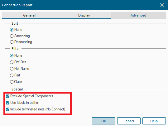 Xpedition Connection Report advanced tab